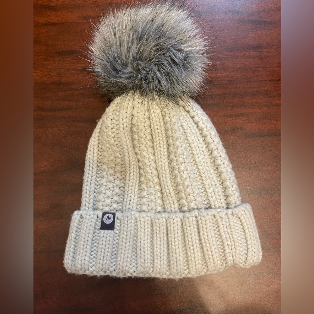 Marmot Grey Knit Pom Pom Beanie